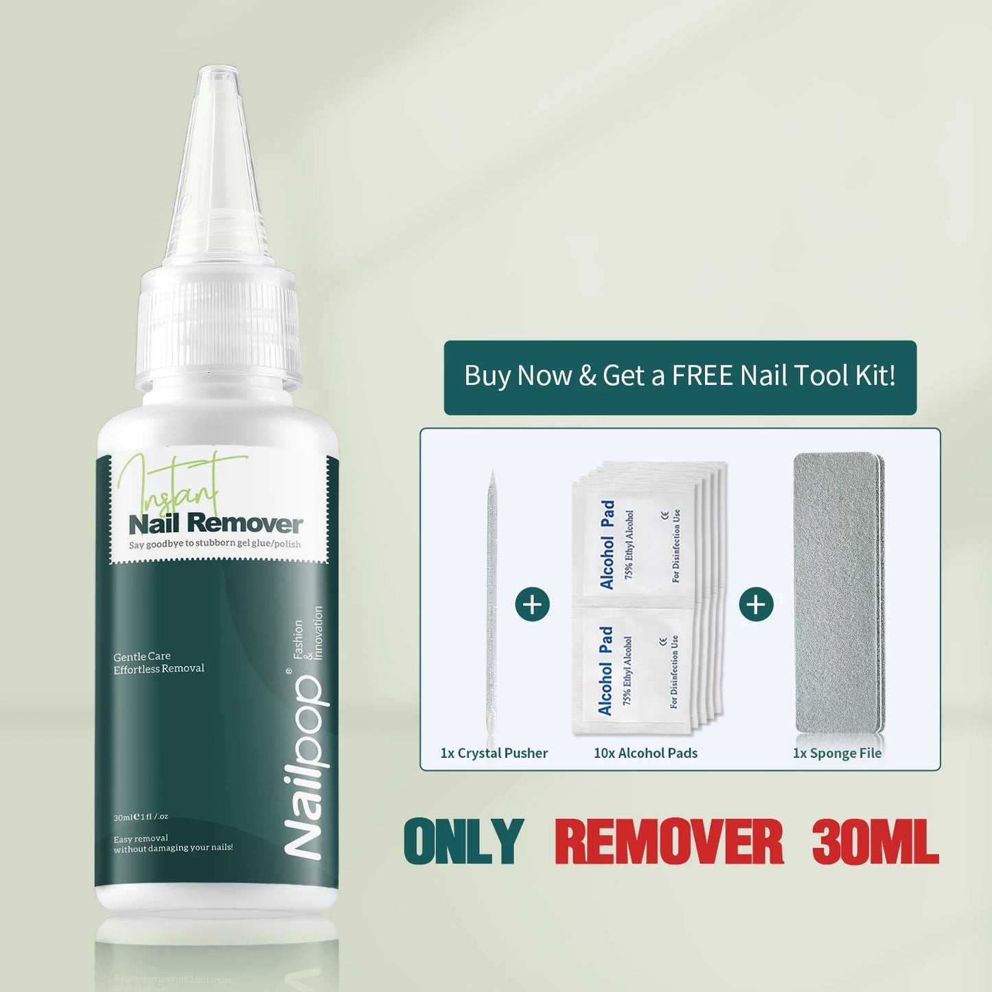 Nail loop instant nail remover bottle with a free nail tool kit on a light green background