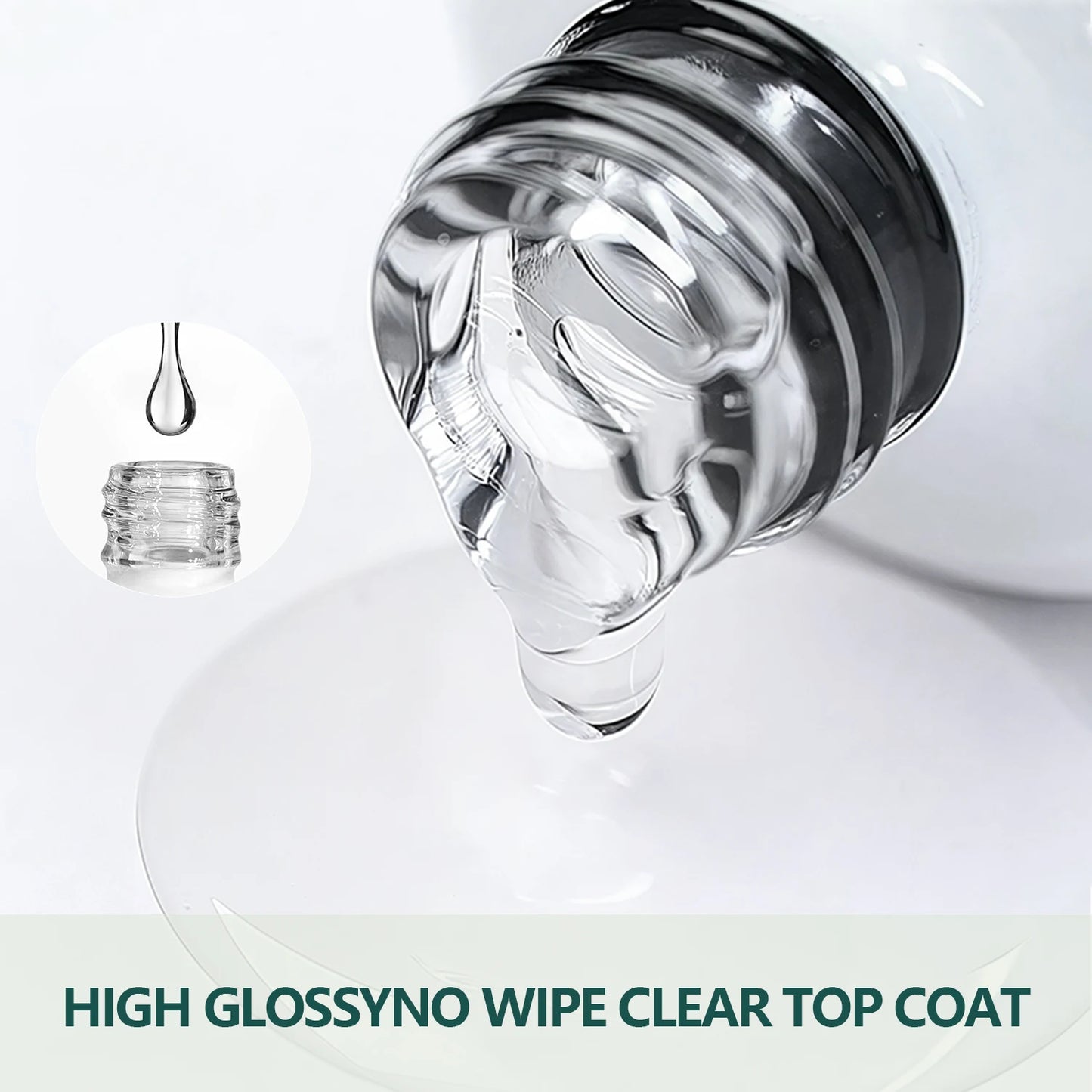 Close-up of a bottle cap with a droplet of clear liquid, labeled 'High GlossyNo Wipe Clear Top Coat'.