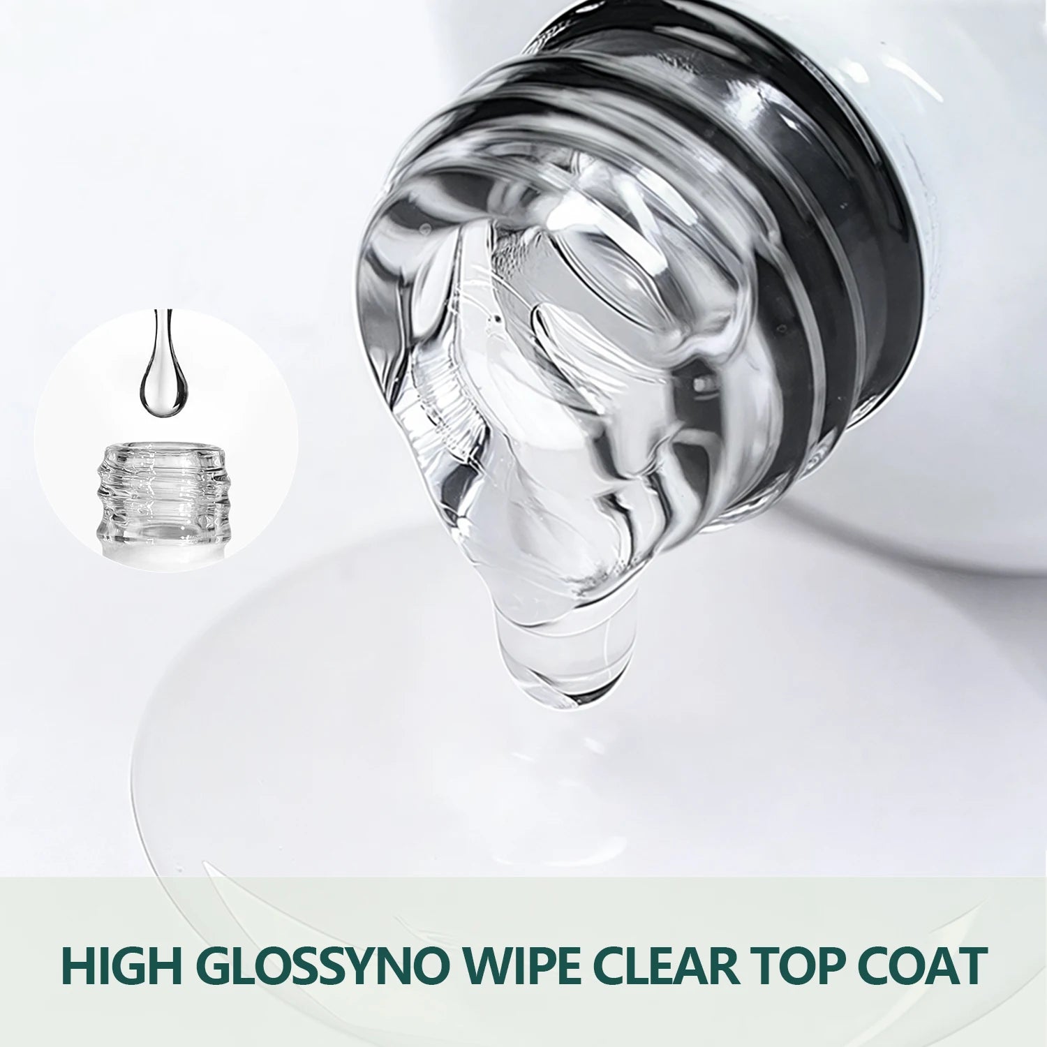 Close-up of a bottle cap with a droplet of clear liquid, labeled 'High GlossyNo Wipe Clear Top Coat'.