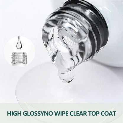 Close-up of a bottle cap with a droplet of clear liquid, labeled 'High GlossyNo Wipe Clear Top Coat'.