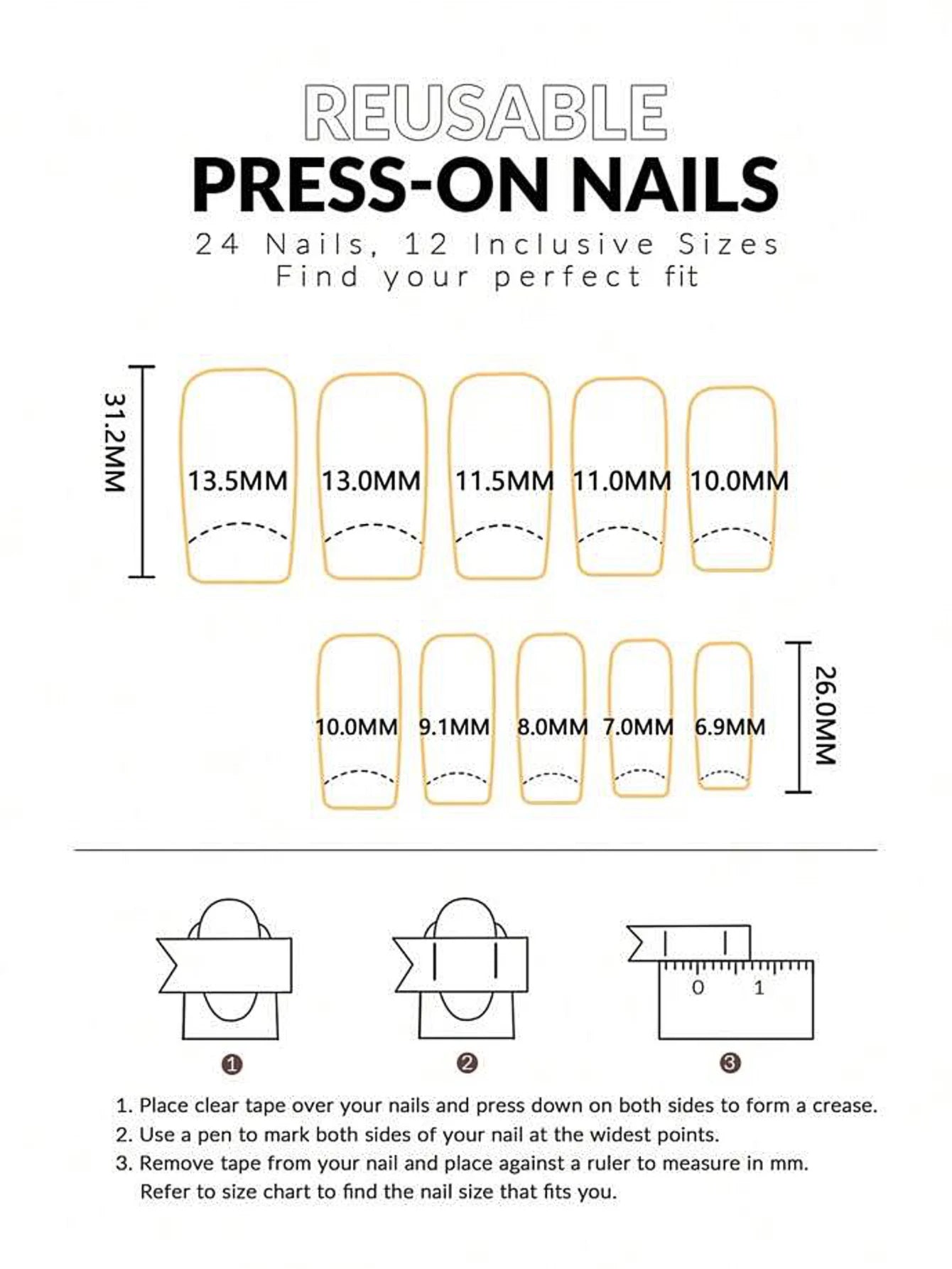 Reusable press-on nails with size chart and usage instructions on a white background