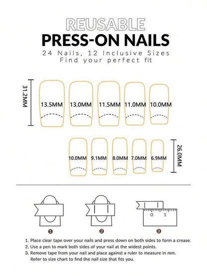 Reusable press-on nails with size chart and usage instructions on a white background