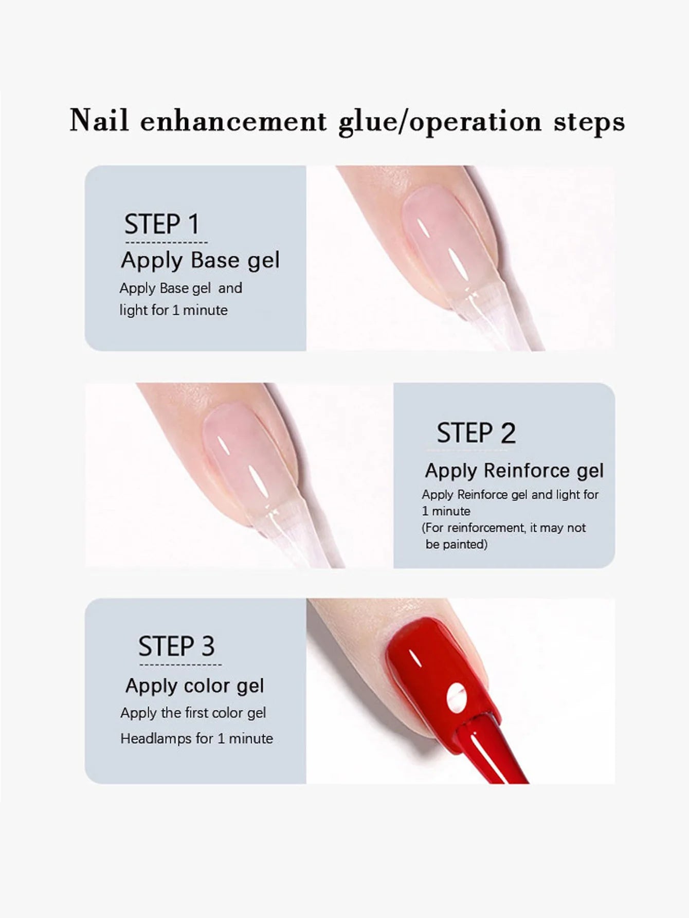 Step-by-step guide to nail enhancement with base, reinforce, and color gel application.