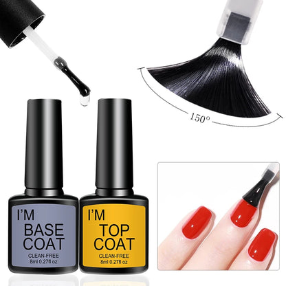 Nail care products including base coat, top coat, and a brush with black bristles.