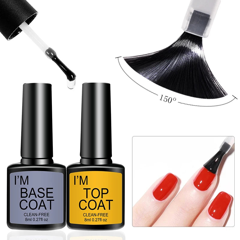 Nail care products including base coat, top coat, and a brush with black bristles.