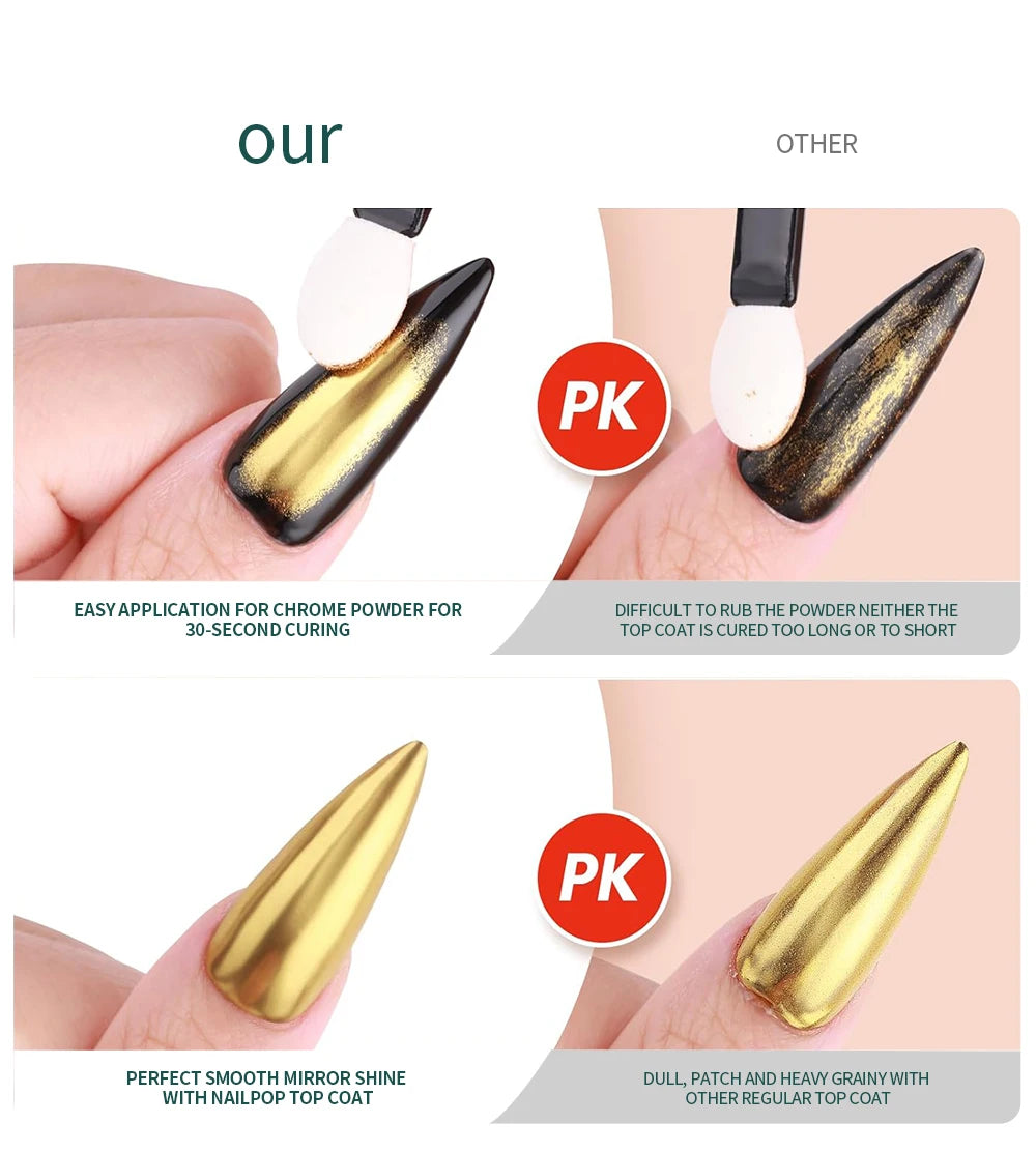 Comparison of nail polish application with chrome powder on a white background