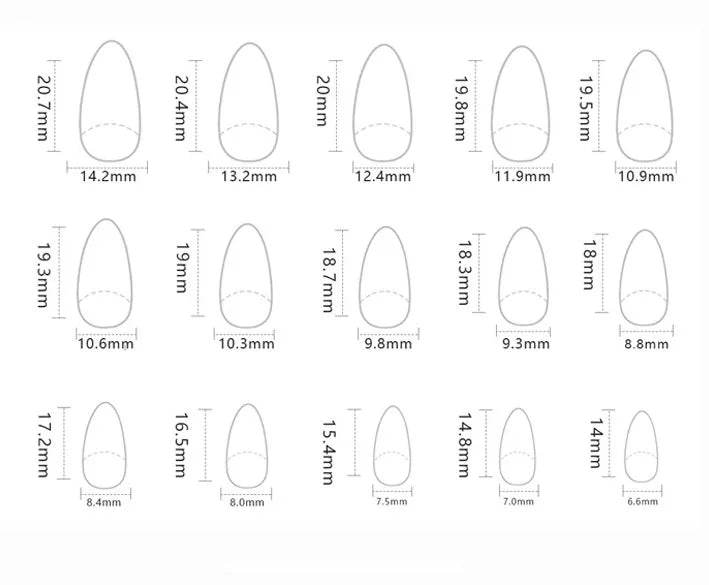 Measurement chart of nail shapes with dimensions in millimeters