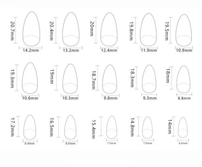 Measurement chart of nail shapes with dimensions in millimeters