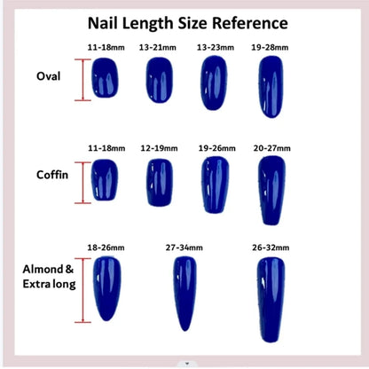 Nail length size reference chart with blue nail samples on a pink background