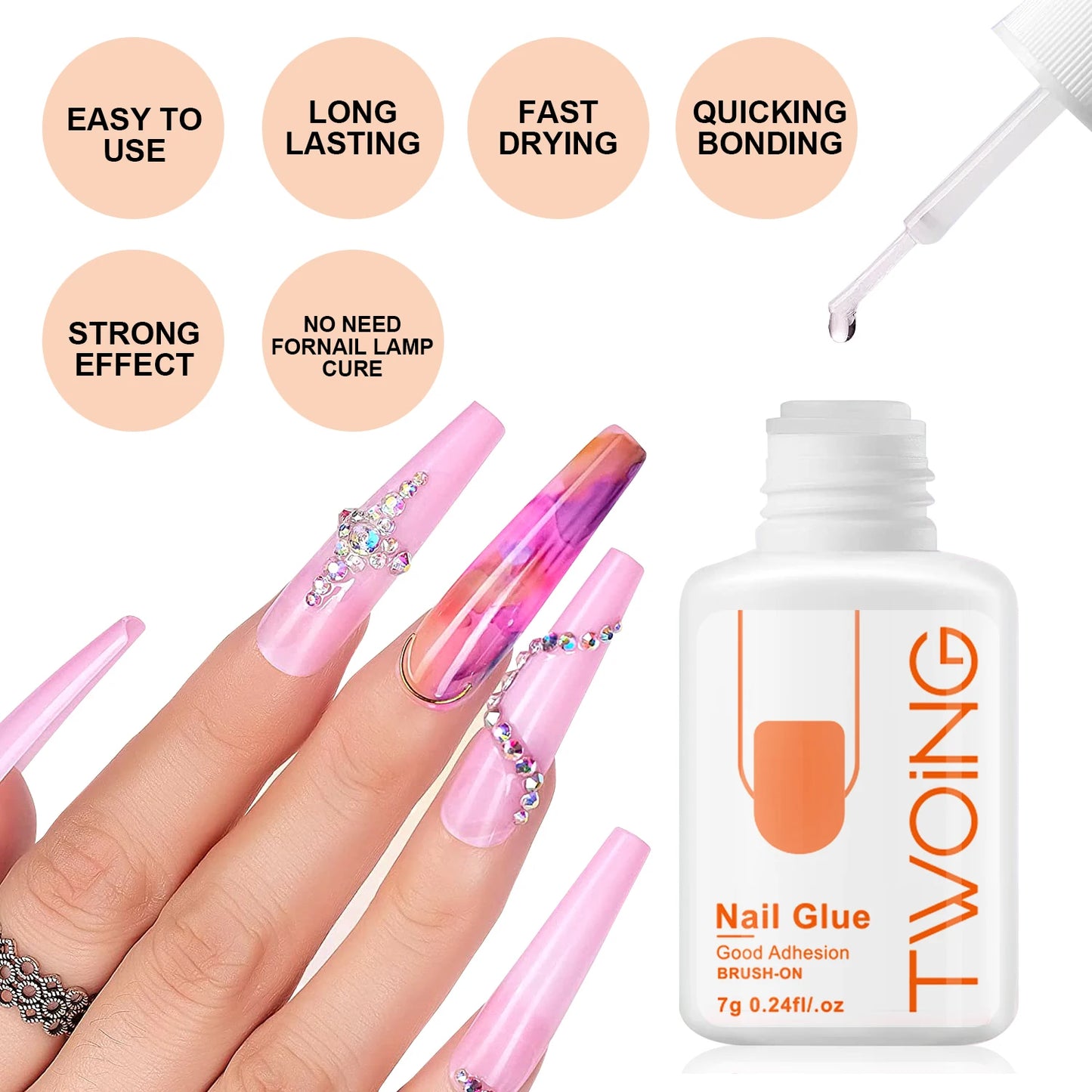 Nail glue bottle with pink nails and product features on a white background