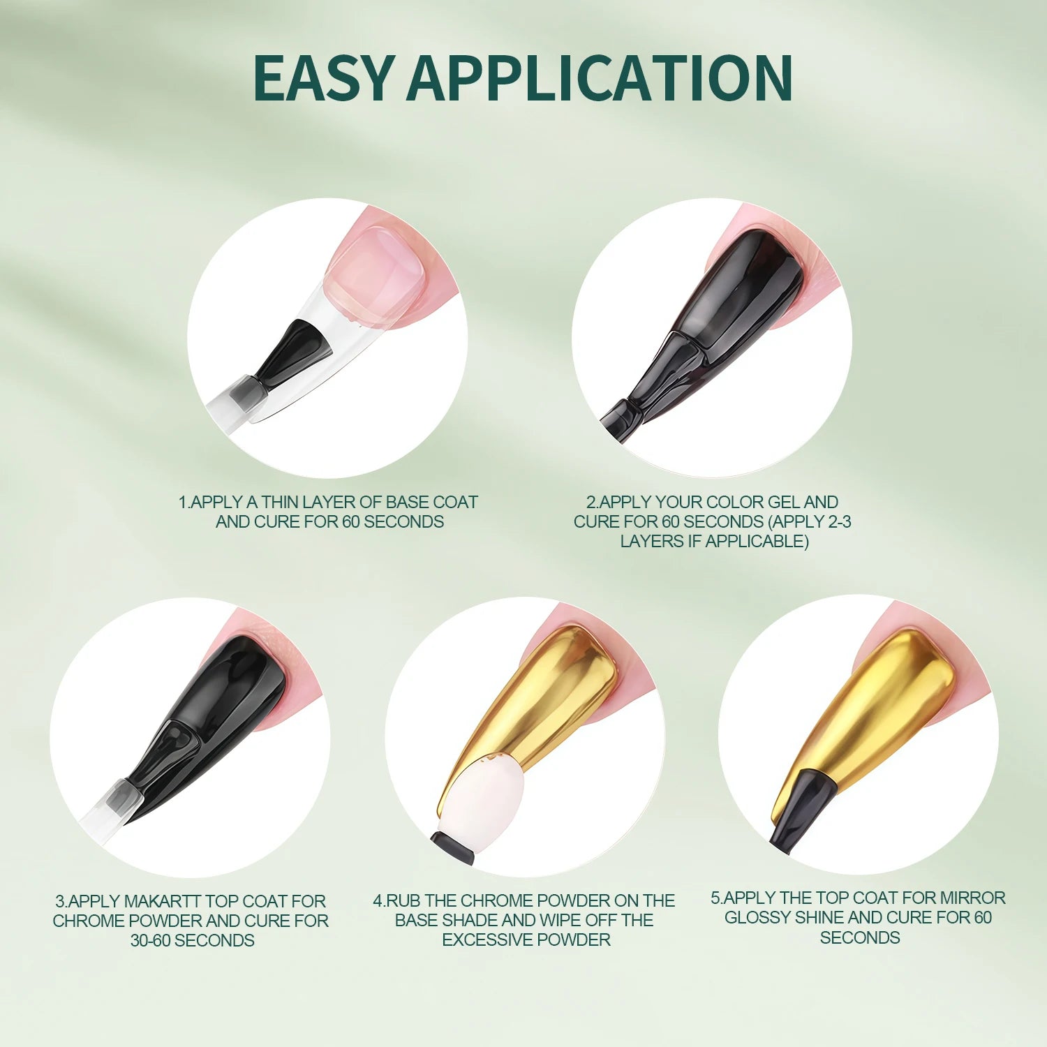 Step-by-step guide for applying makeup with tools on a light green background