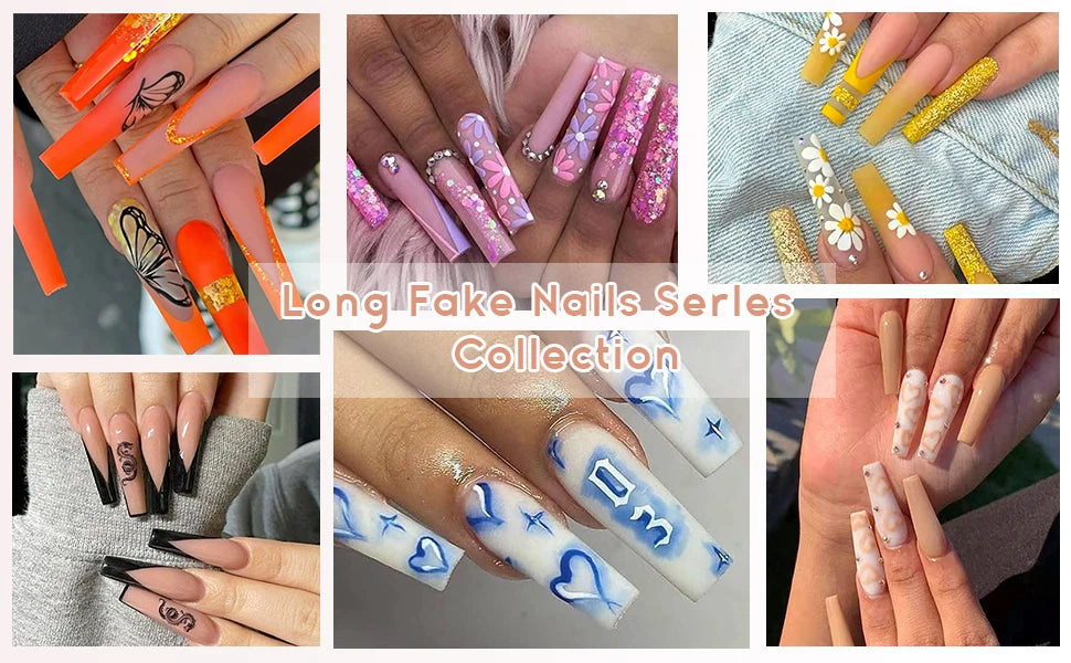 Collage of long fake nails with various designs and colors.