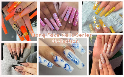 Collage of long fake nails with various designs and colors.