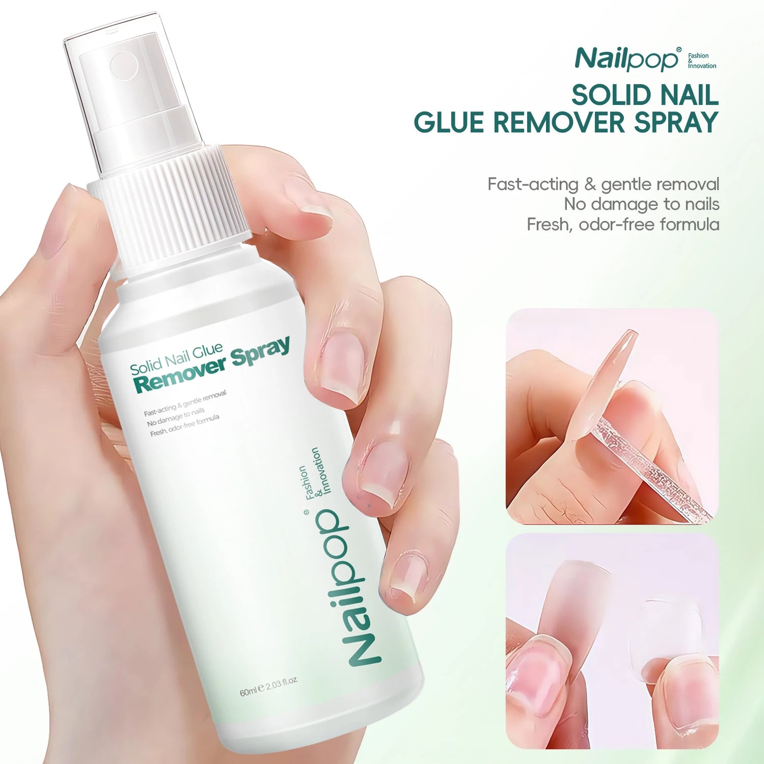 Nailpop solid nail glue remover spray held by a hand with a close-up of nails being treated.
