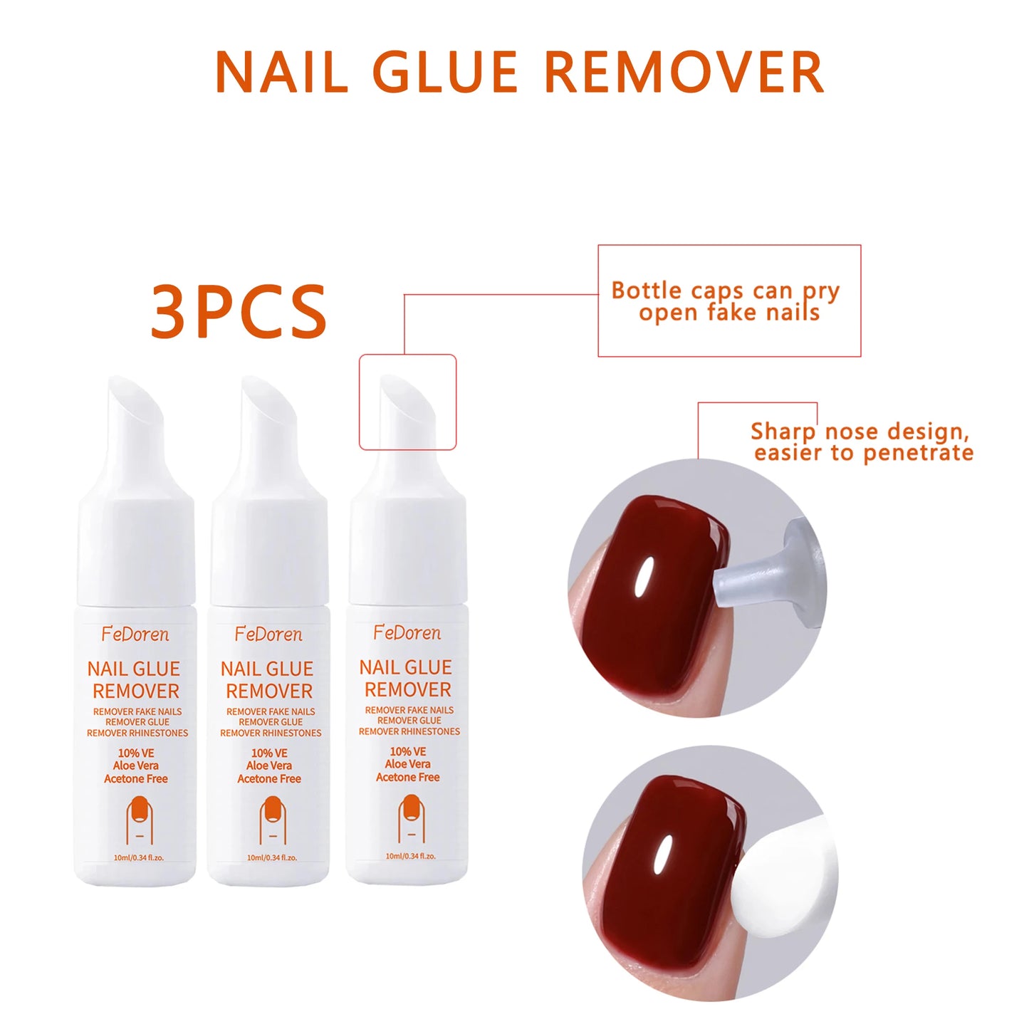 Three bottles of FeDoren nail glue remover with product details on a white background.