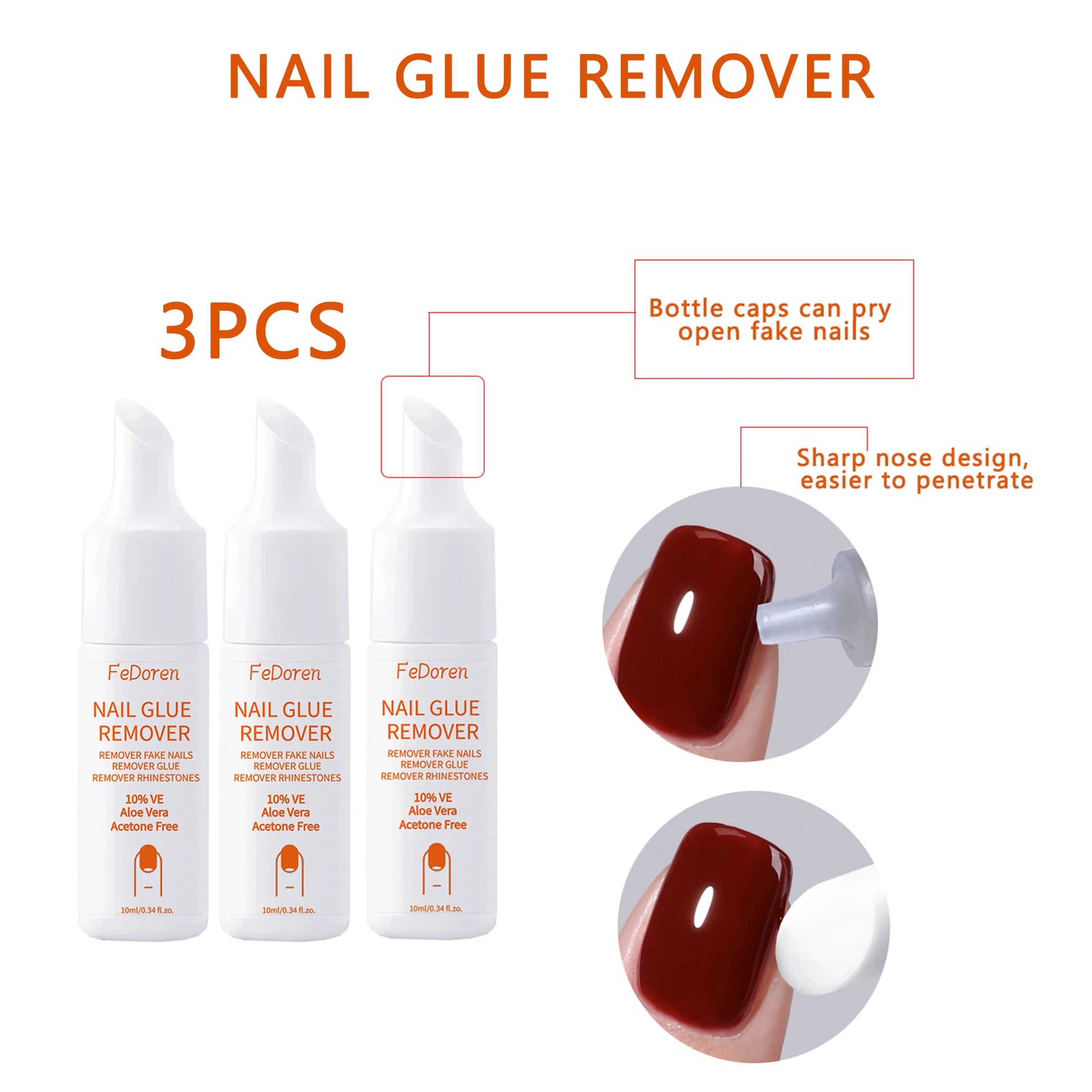 Three bottles of FeDoren nail glue remover with product details on a white background.