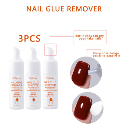 Three bottles of FeDoren nail glue remover with product details on a white background.