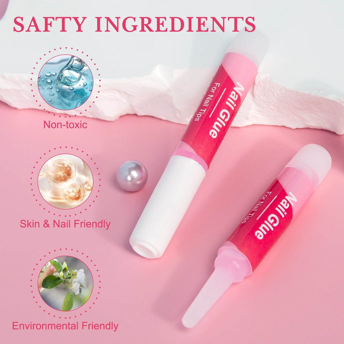 Two tubes of nail glue on a pink background with safety ingredient icons and text.
