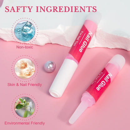 Two tubes of nail glue on a pink background with safety ingredient icons and text.