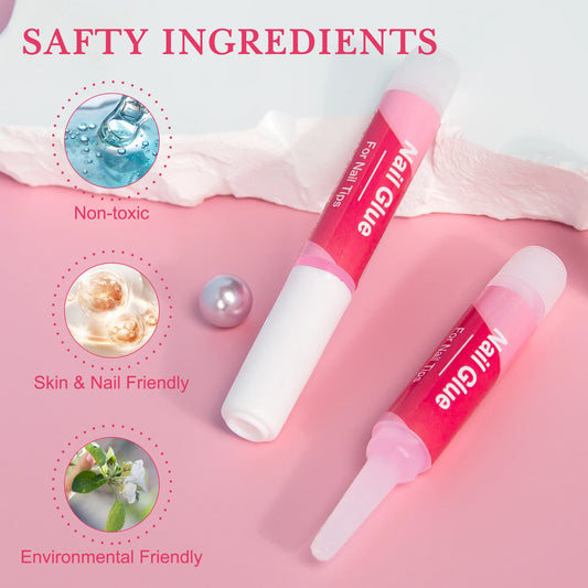 Two tubes of nail glue on a pink background with safety ingredient icons and text.