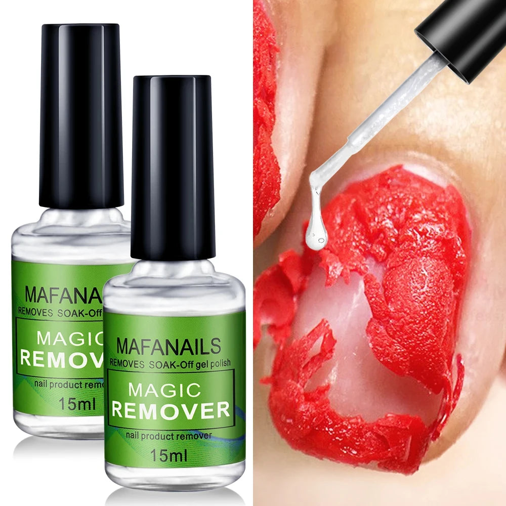 Two bottles of MAFANAILS Magic Remover with a close-up of gel polish removal.