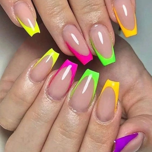 Colorful neon nail designs on a hand