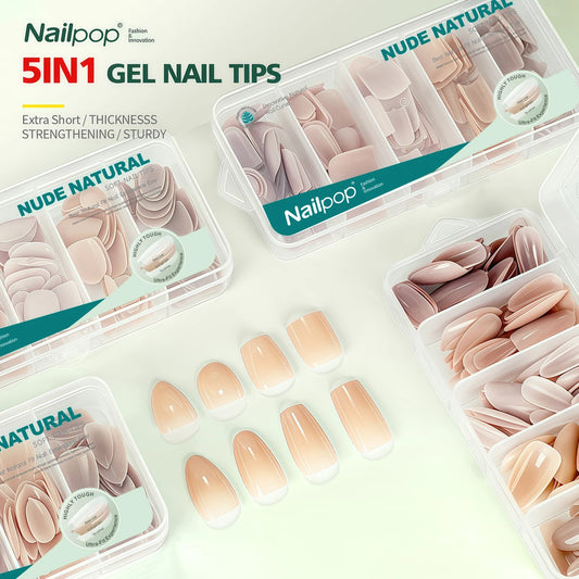 Nail pop 5in1 gel nail tips packaging with nude natural color options on a light green background