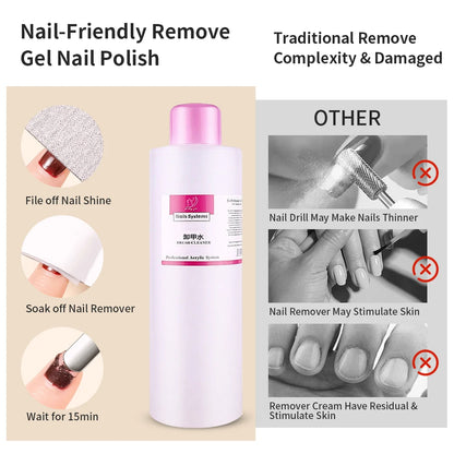 Nail polish remover product with usage instructions and benefits on a beige background