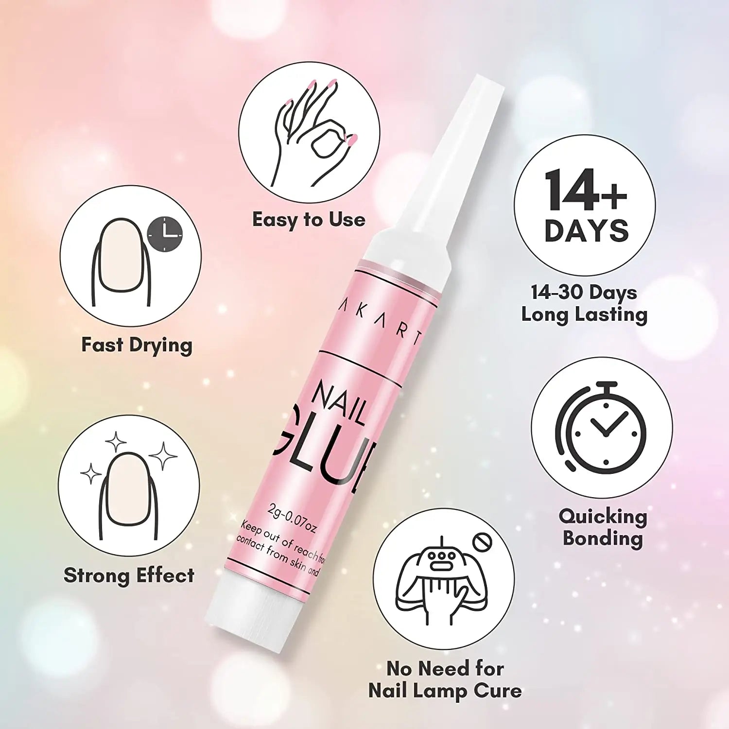 Pink nail glue bottle with features on a gradient background