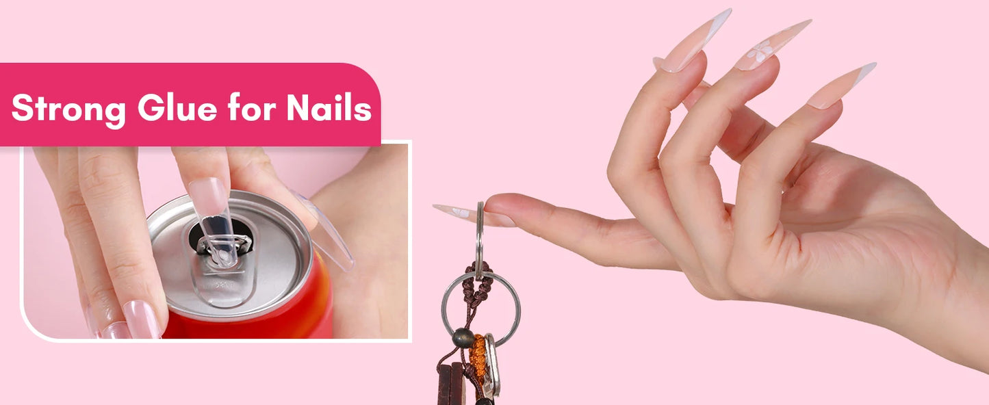 Strong glue for nails being used on a keychain against a pink background