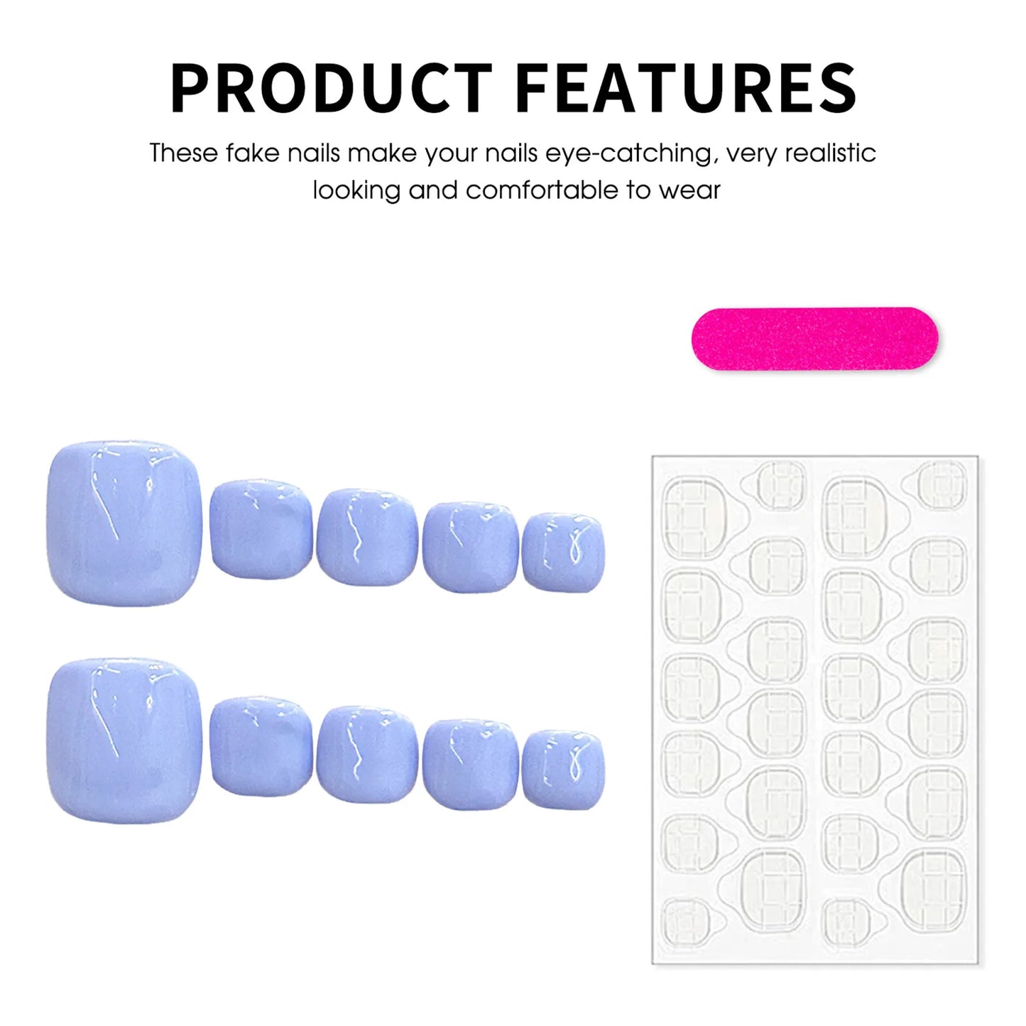 Set of light blue fake nails with a white background and text describing product features.