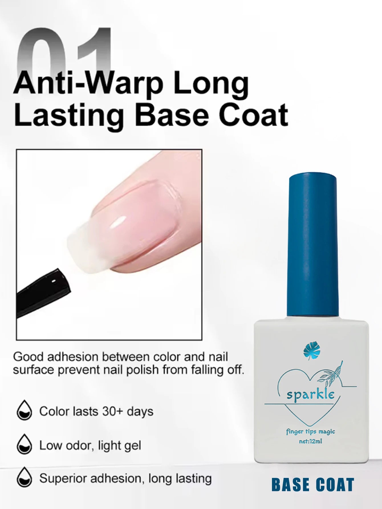 Nail polish bottle with text about anti-warp long-lasting base coat on a white background