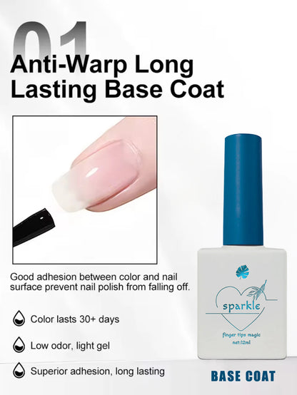 Nail polish bottle with text about anti-warp long-lasting base coat on a white background