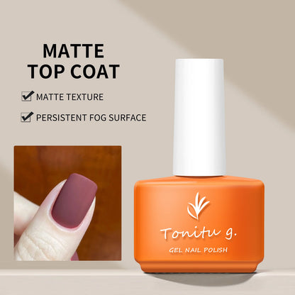 Orange nail polish bottle with matte top coat features and a sample of the color on a finger.