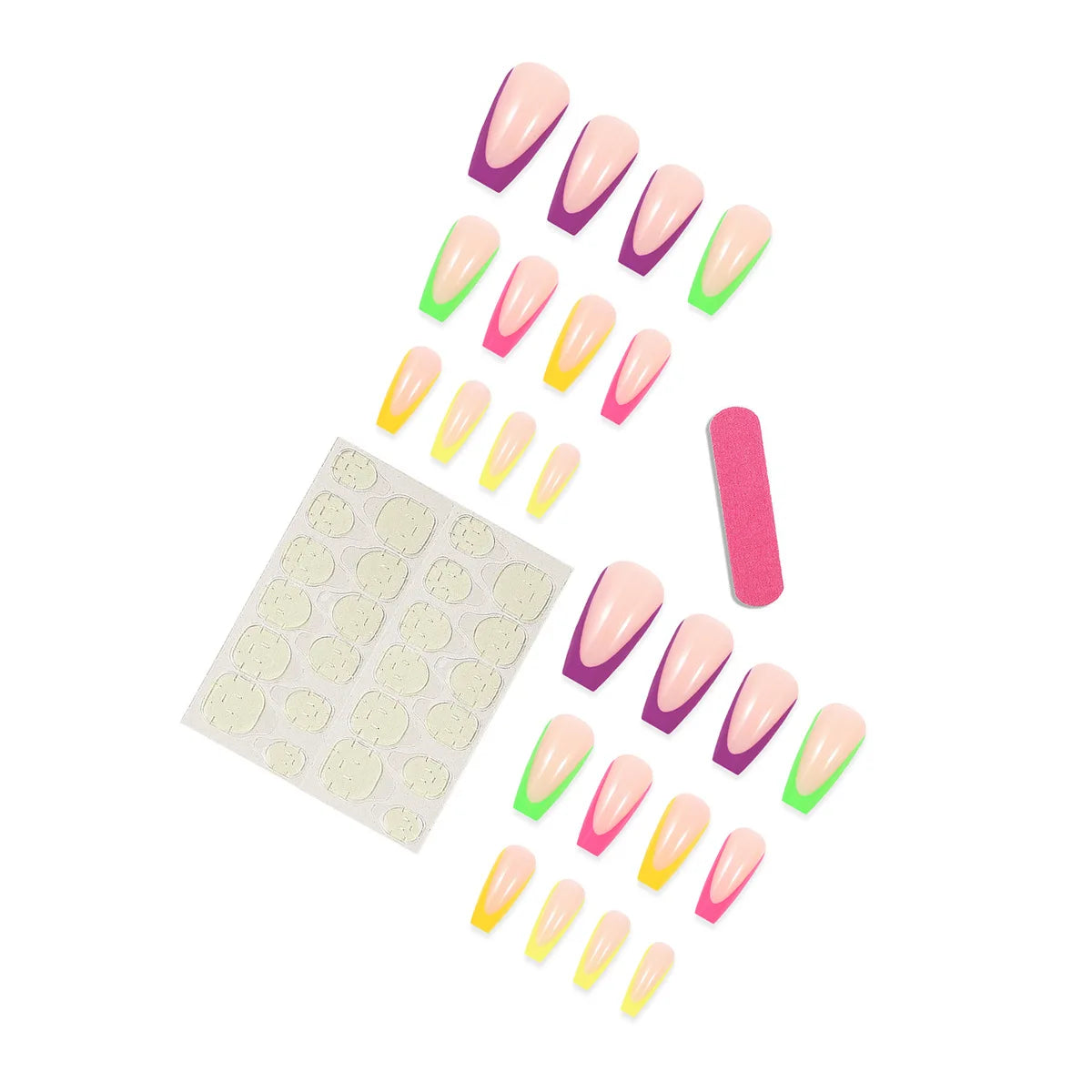 Set of colorful false nails with a nail art guide on a white background