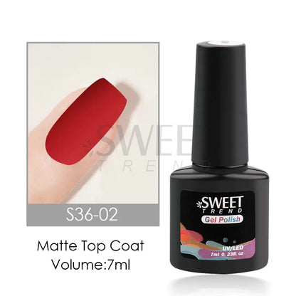 Black gel polish bottle with red nail color swatch and 'Sweet Trend' branding on a white background.