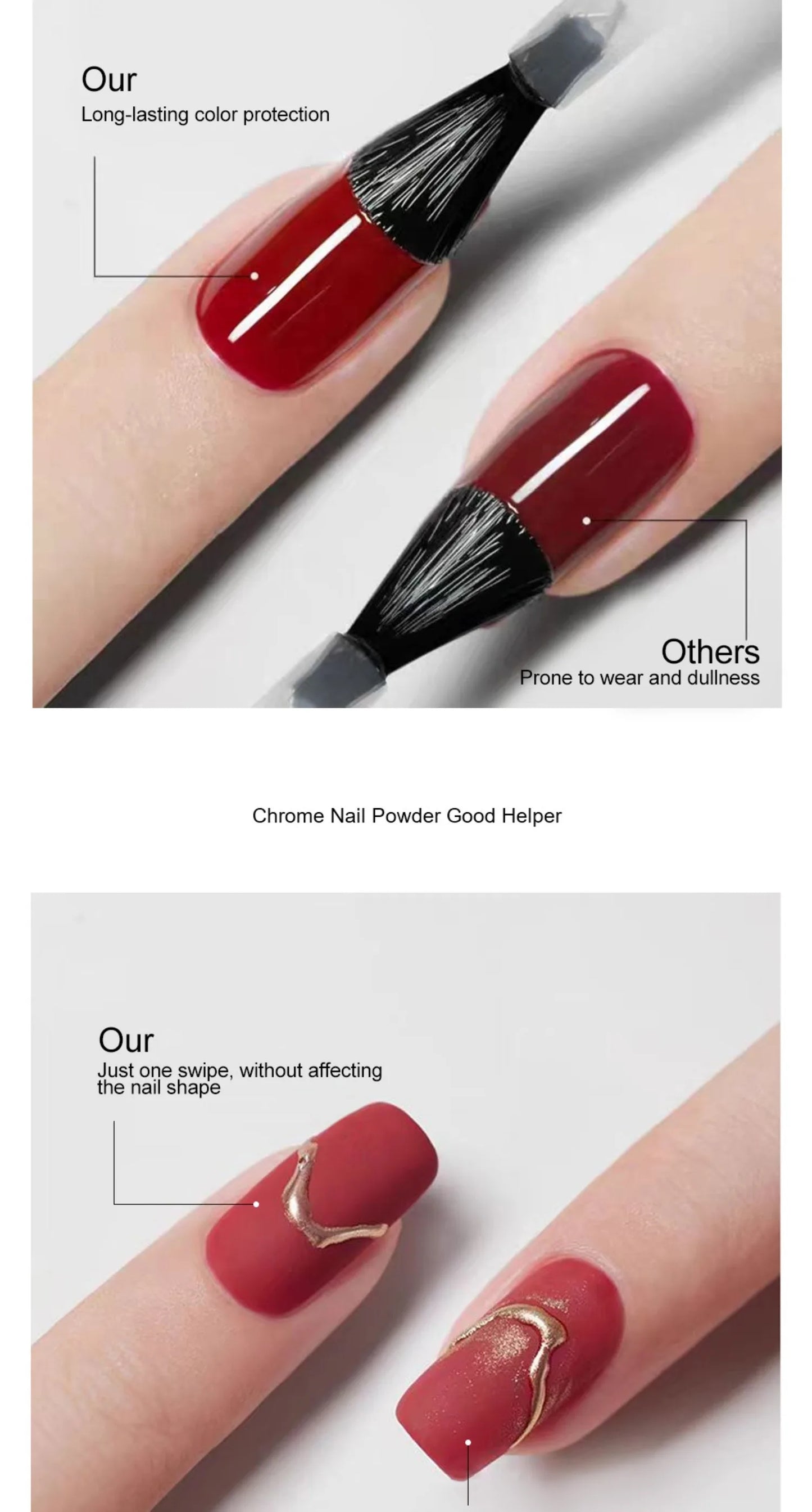 Nail polish application with red color and black brush, showing long-lasting color protection.