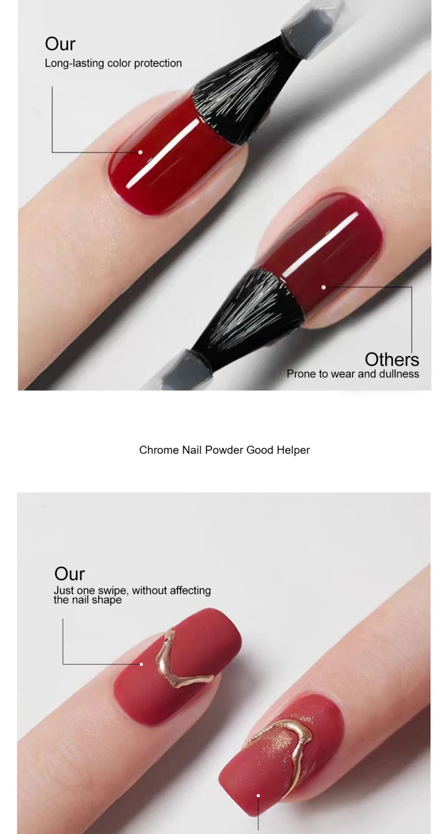 Nail polish application with red color and black brush, showing long-lasting color protection.