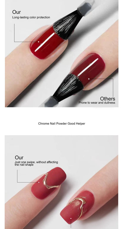 Nail polish application with red color and black brush, showing long-lasting color protection.