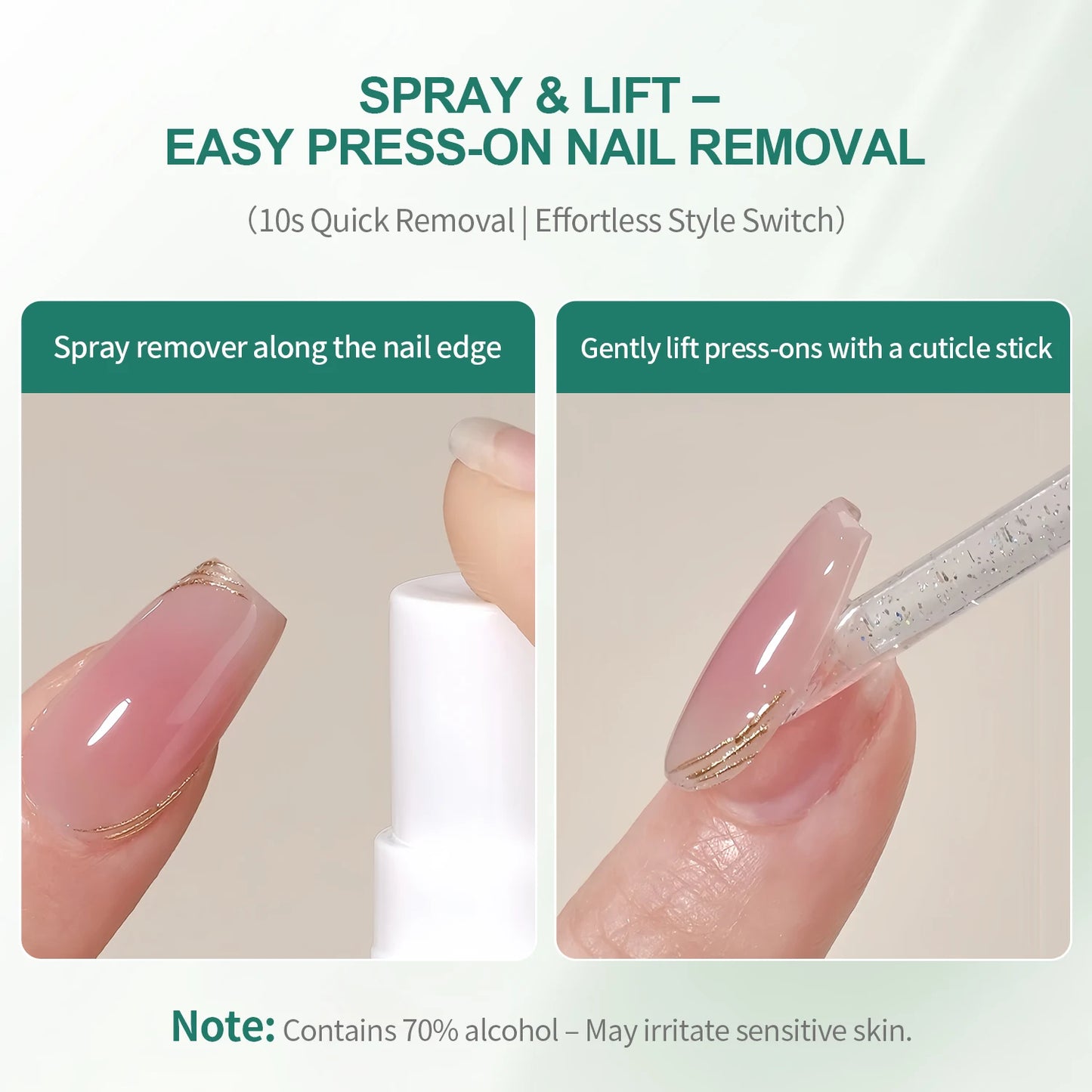 Step-by-step guide on how to remove press-on nails using a spray remover and cuticle stick.
