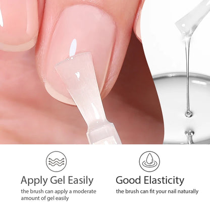Nail gel application process with a brush, highlighting ease of use and elasticity.