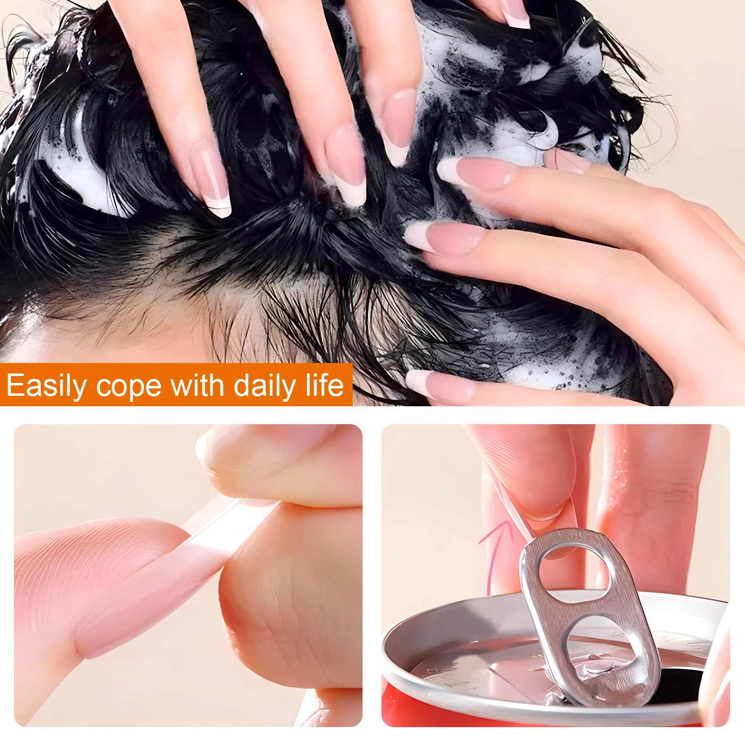 Collage of a person washing hair, applying cream to skin, and using a can opener with text 'Easily cope with daily life'.