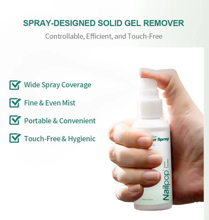 Hand holding a spray bottle labeled 'Nailpop' with text about the product's features on a white background.