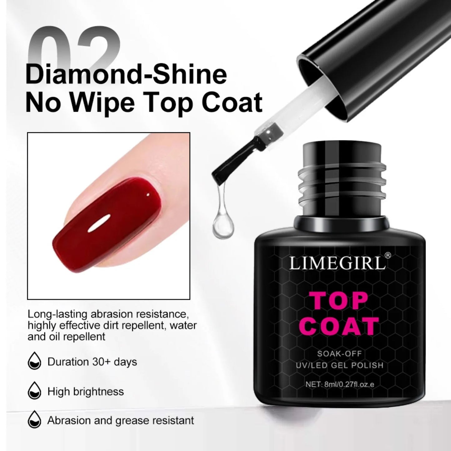 Limegirl top coat bottle with red nail polish and dropper on a white background