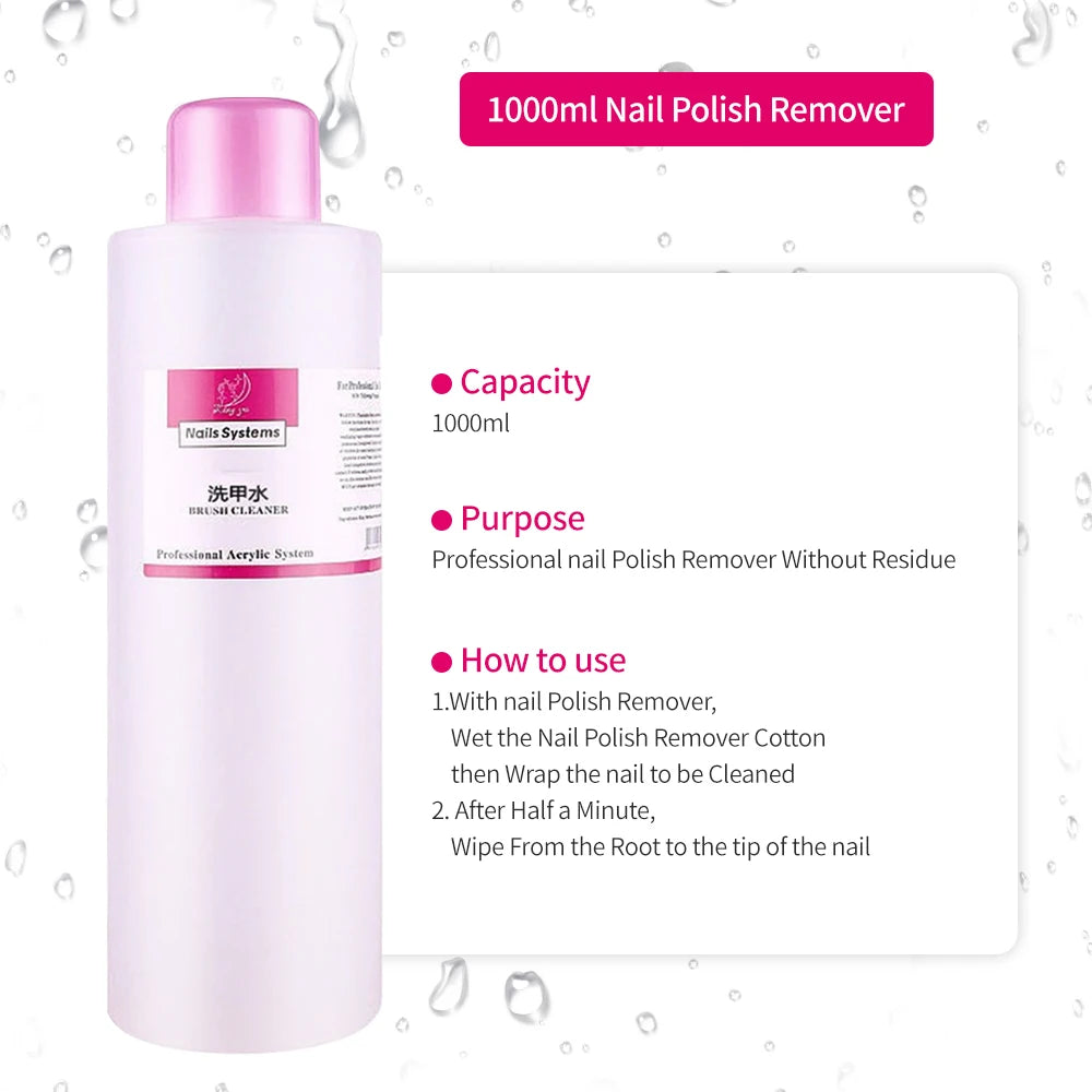 1000ml nail polish remover bottle with product details on a white background