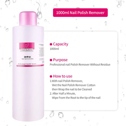 1000ml nail polish remover bottle with product details on a white background