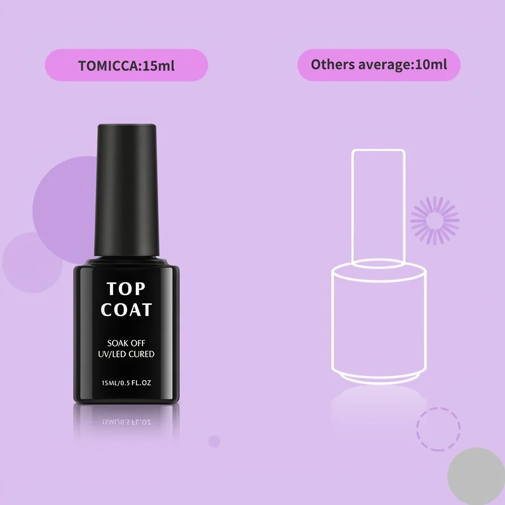 Black nail top coat bottle with volume comparison on a purple background