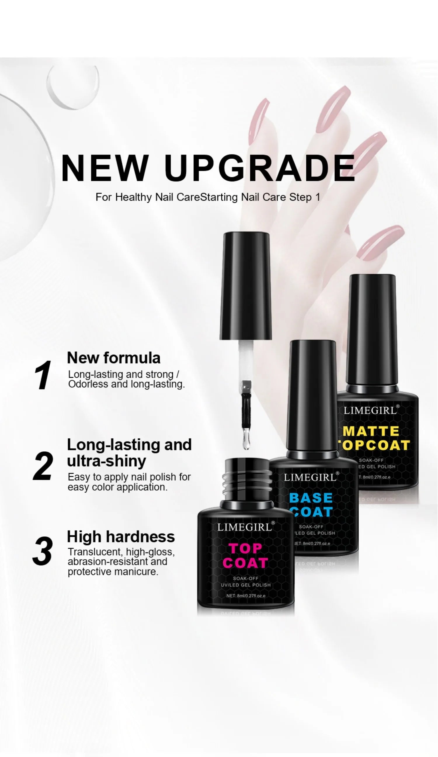 LimeGirl nail polish bottles with text highlighting new upgrade features on a white background