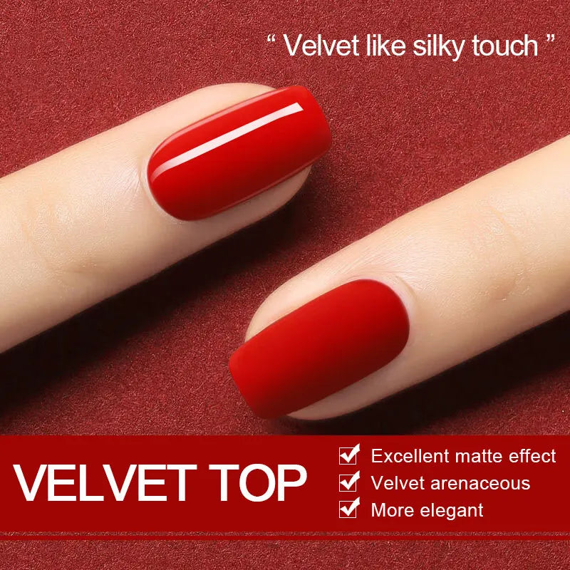 Red nail polish on a finger with a red background and text describing the product.