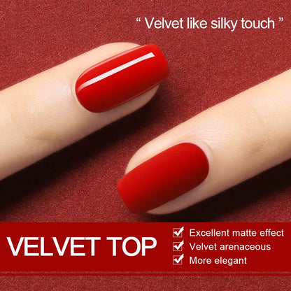 Red nail polish on a finger with a red background and text describing the product.